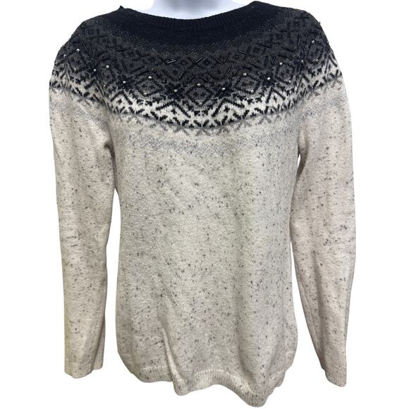 Talbots M Black & White Circle Yoke Beaded Cotton Wool Blend Sweater Cozy - Picture 1 of 5